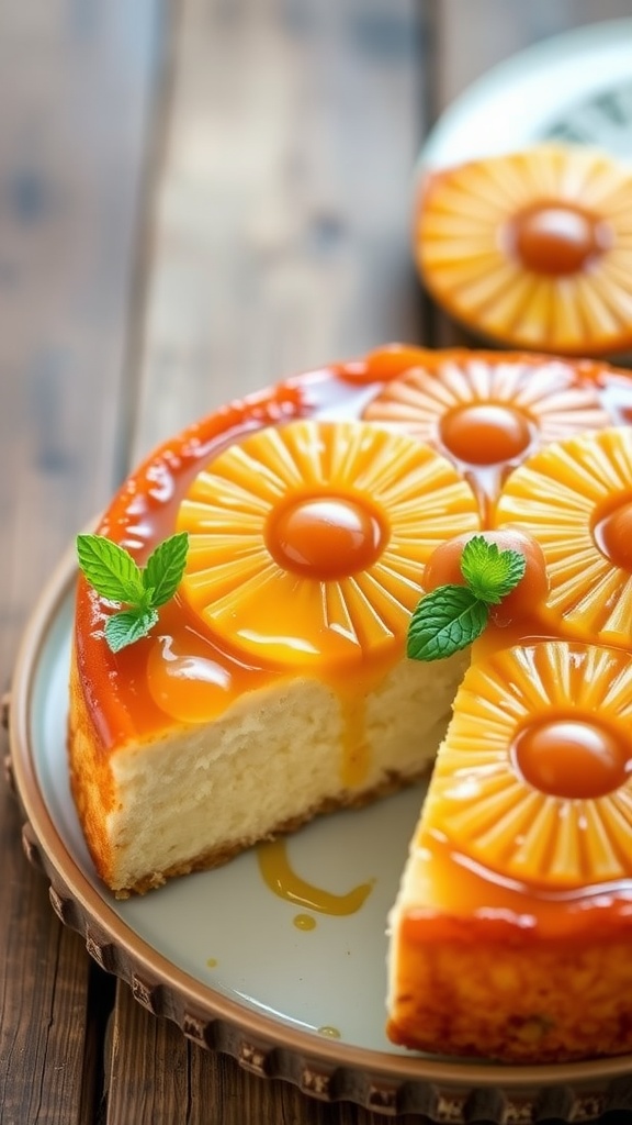 Vegan Upside Down Pineapple Cake Delicious vegan upside down pineapple cake with caramelized pineapple rings, served on a rustic wooden table.